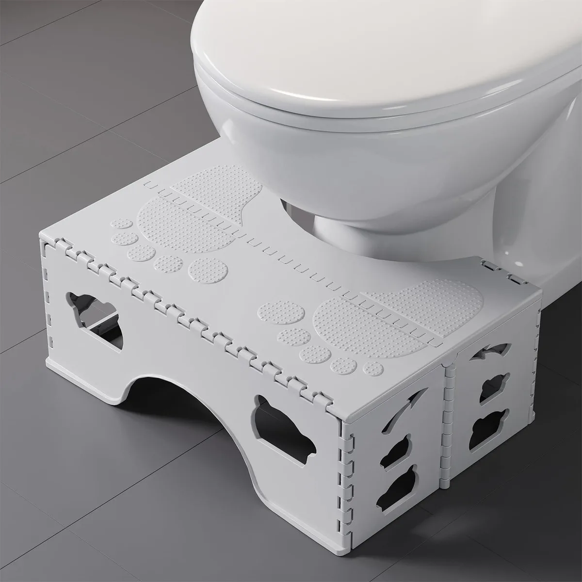 Gray foldable toilet stool, 7 inch rise, collapses to 1.18 inches thick