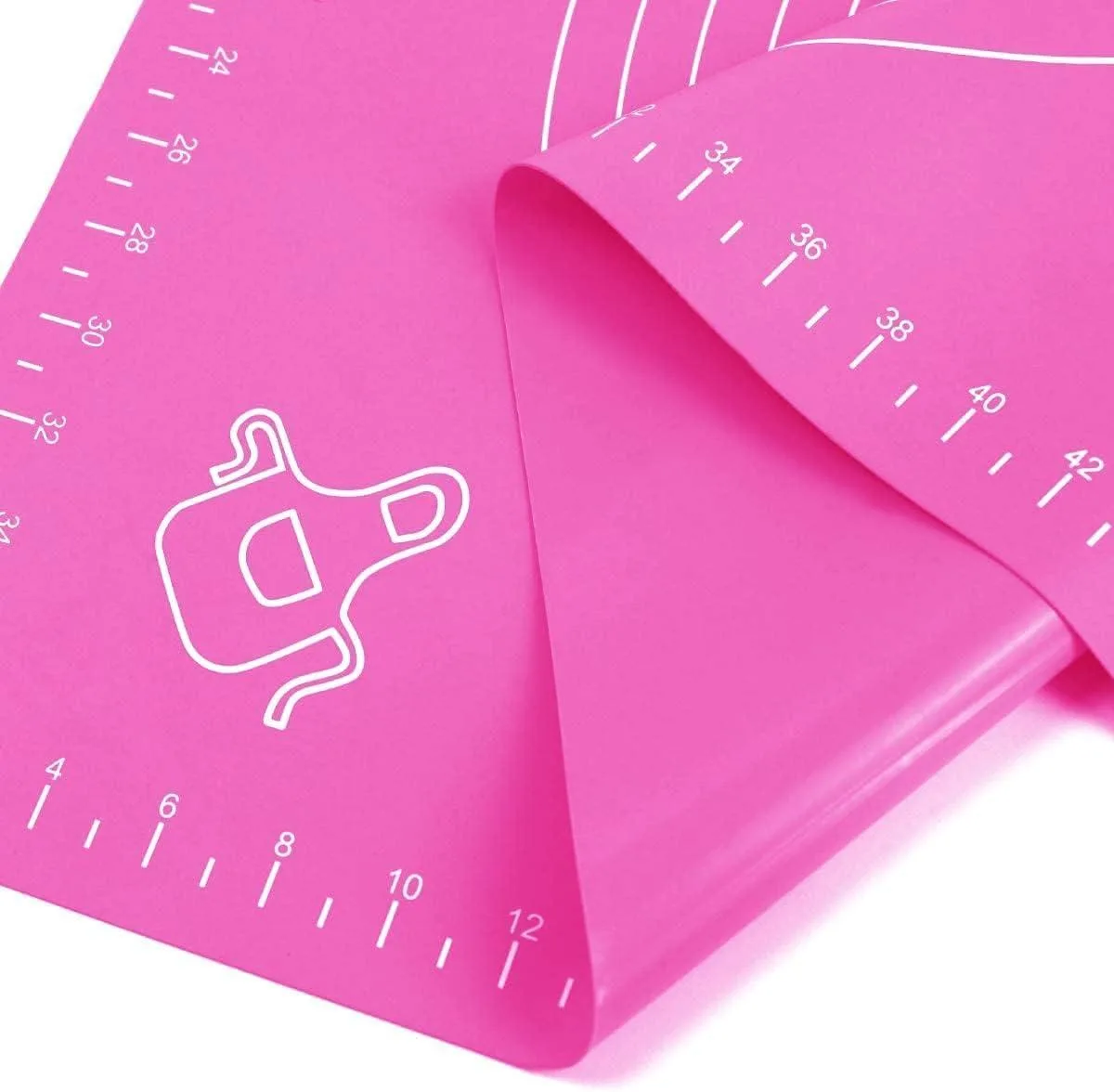 Pink rectangular silicone baking mat with printed measurement markings