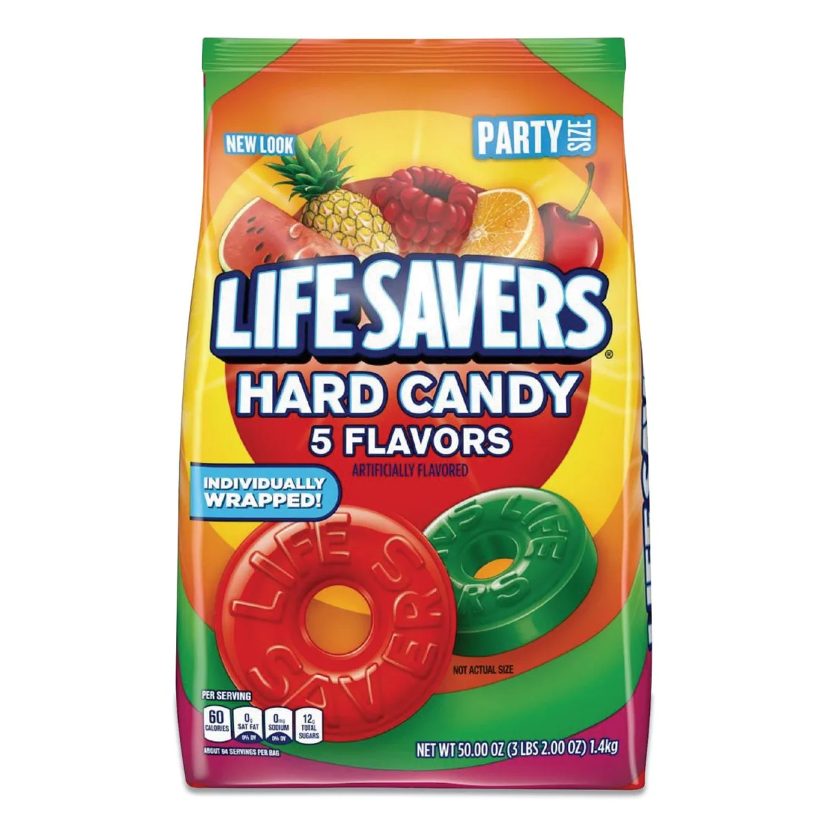 Large clear bag filled with ring-shaped hard candies in five fruit colours