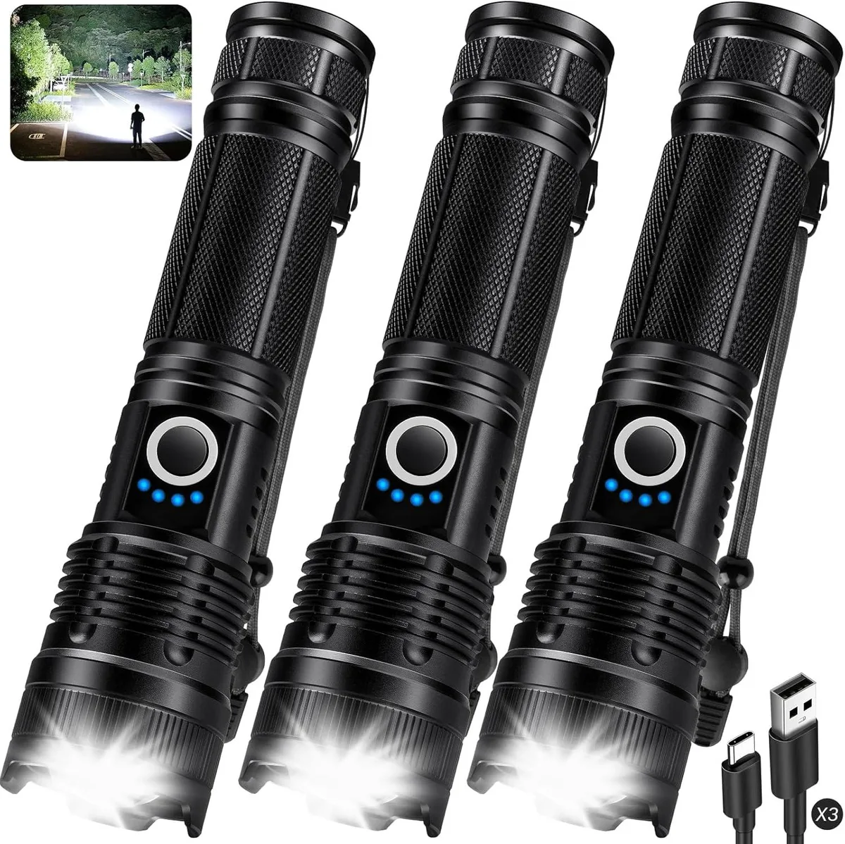 Three cylindrical flashlights with textured black finish and power indicators