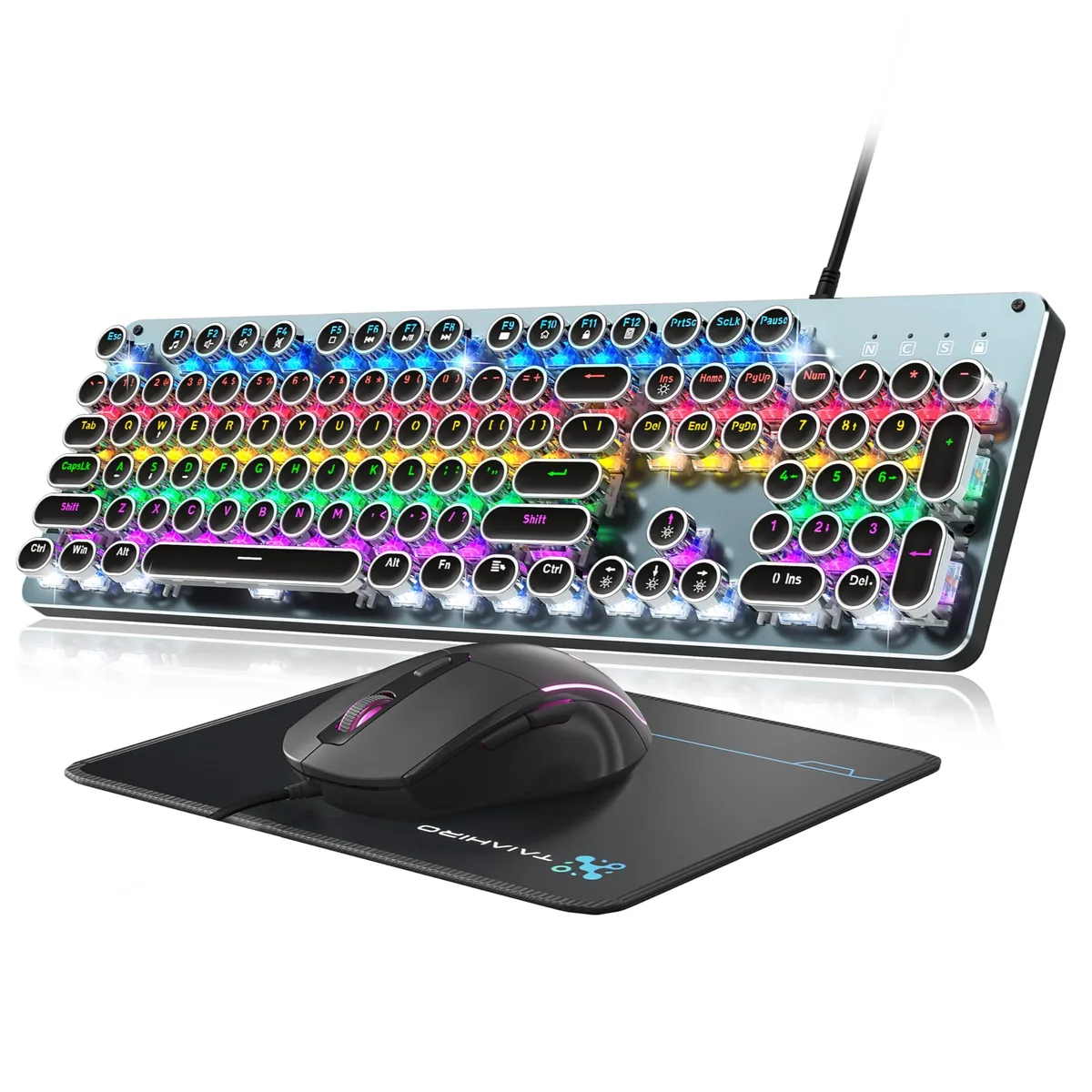 HIRO BK820 Typewriter Mechanical Gaming Keyboard Blue Switch 104 Keys Silver Metal Panel Mouse Pad Combo — product photo