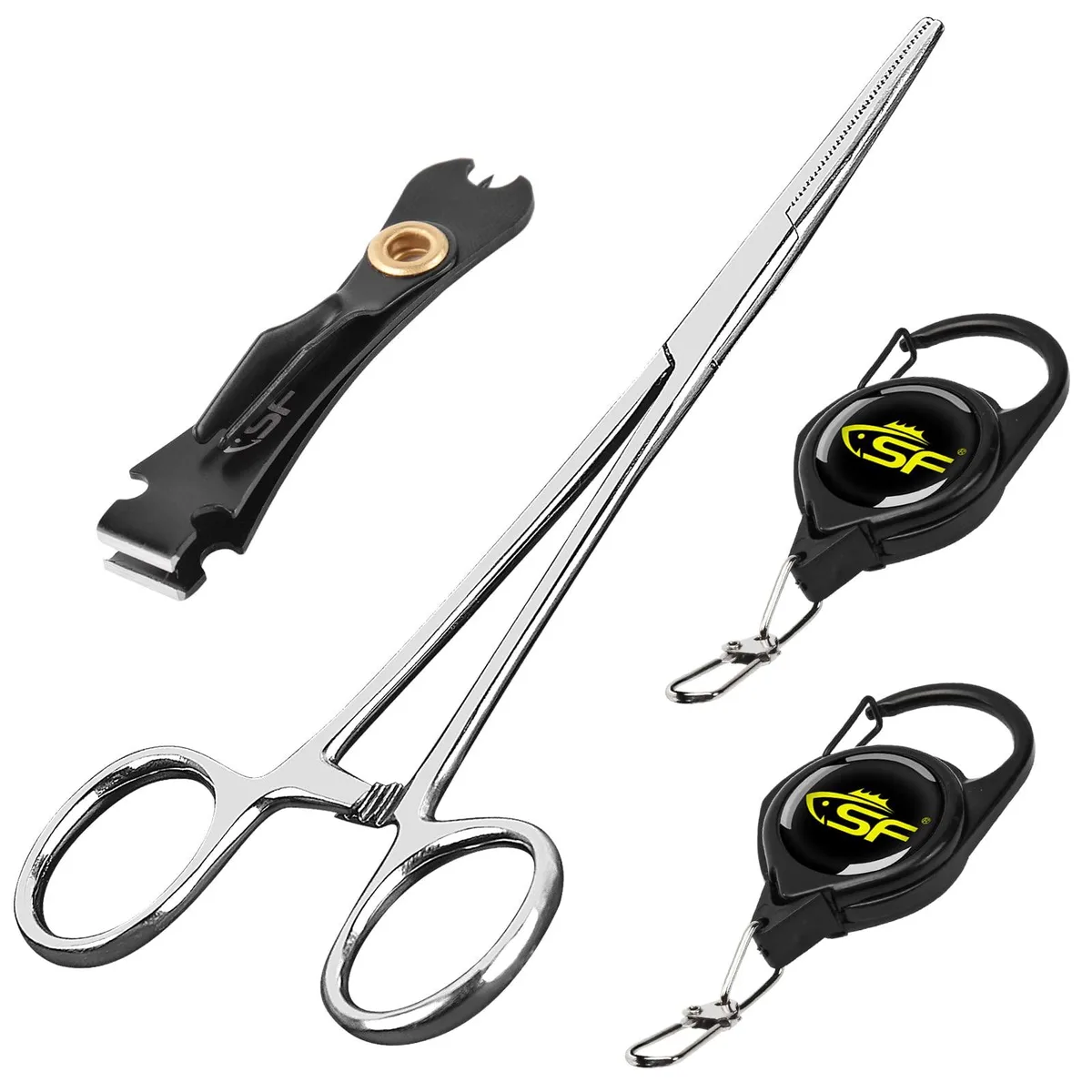 Blue four-piece fly fishing kit with line clipper, two zinger retractors and hook remover forceps