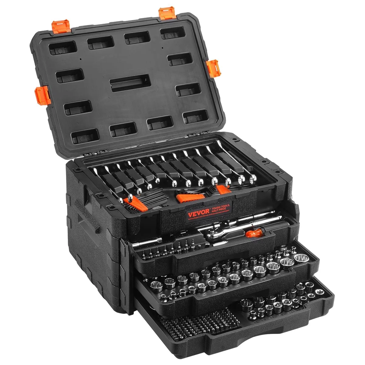 Large black PE-HD tool case containing 450 chrome vanadium steel mechanics tools