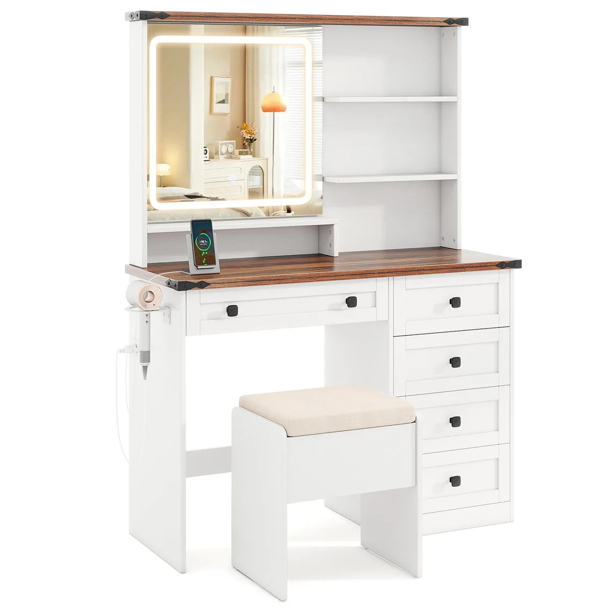 White farmhouse vanity set with lighted mirror, stool, and charging station