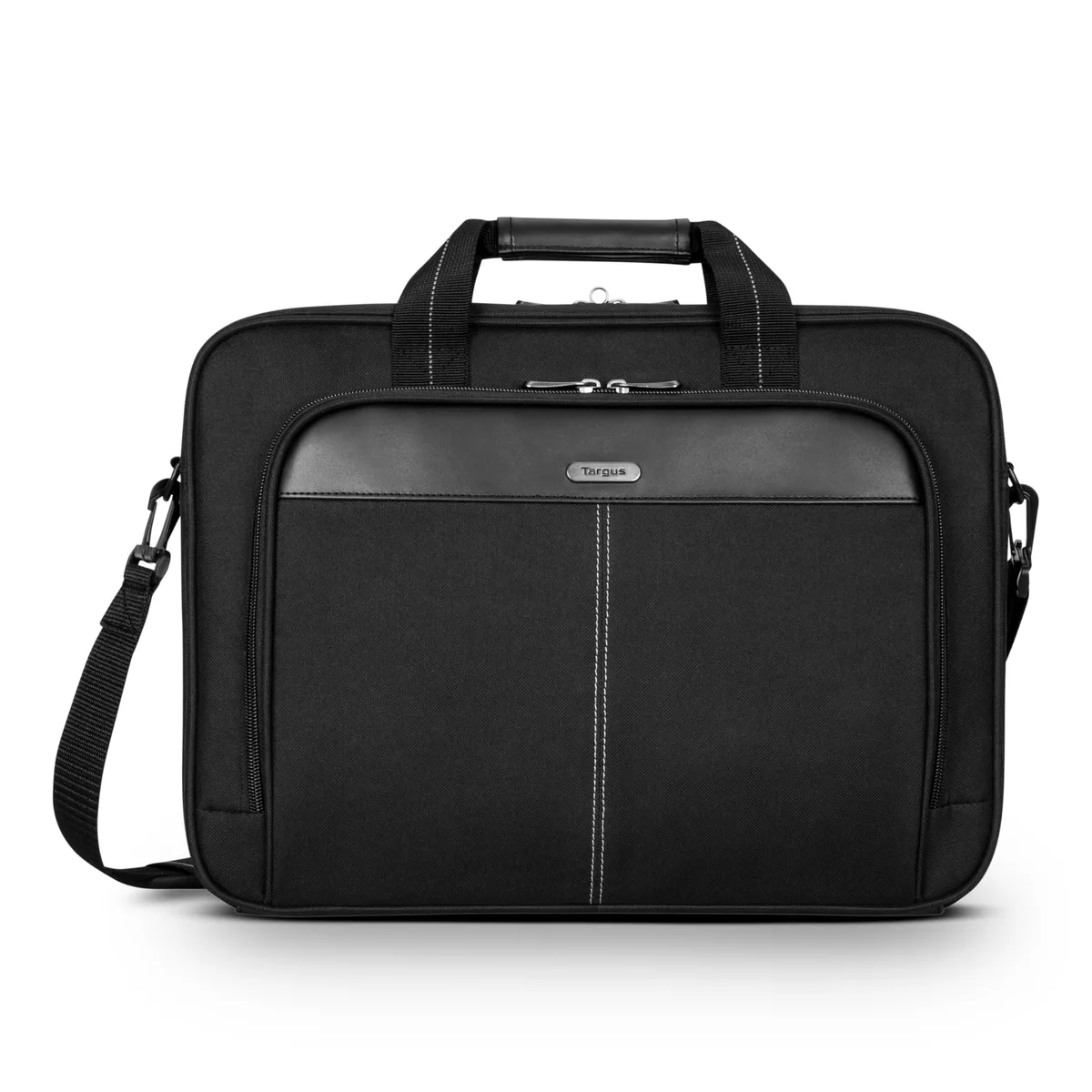 Black slim laptop briefcase with padded compartment, shoulder strap and trolley strap