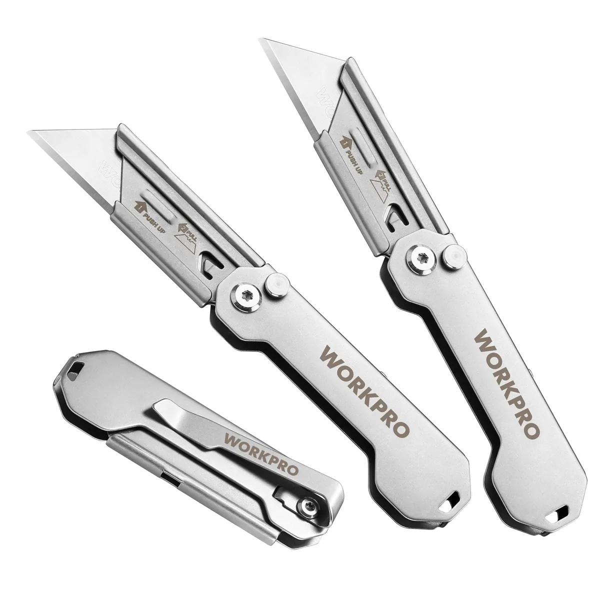 Three silver folding utility knives with belt clips, stainless steel finish