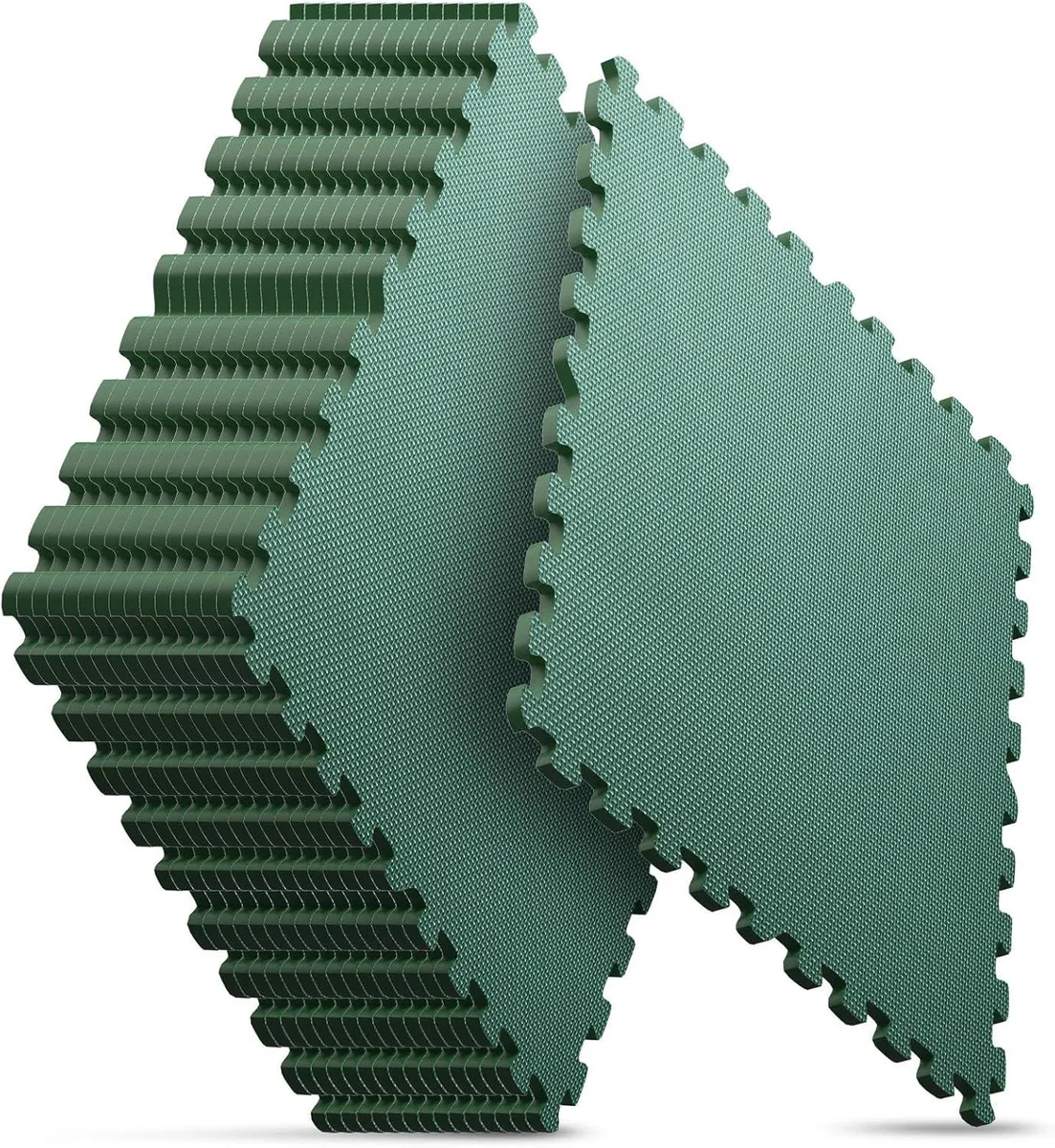 Sixteen green interlocking foam tiles with puzzle edges and textured surface