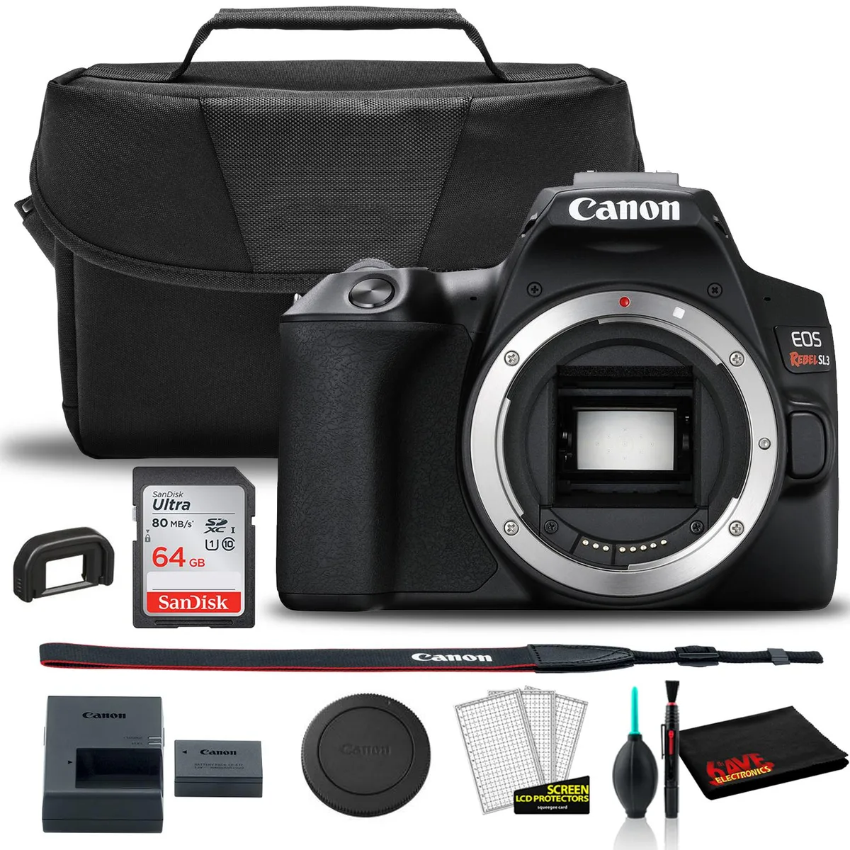 Canon Canon EOS Rebel SL3 DSLR camera (Black) 24.1MP 3.0" 1.04m-Dot touchscreen 64GB card bundle — product photo