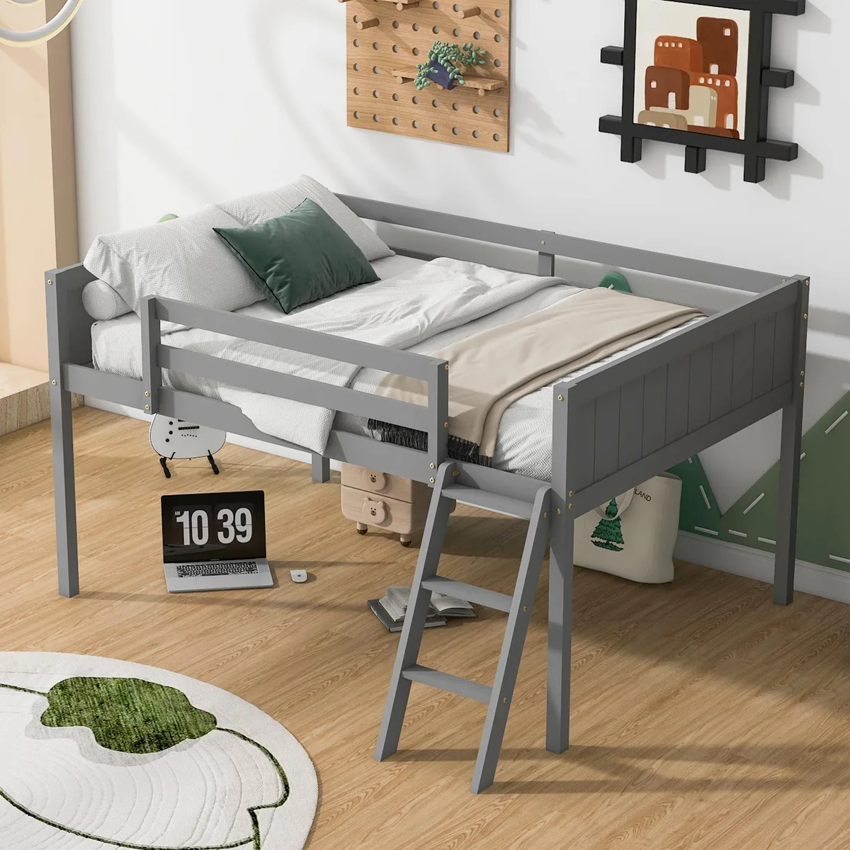 tuphen tuphen Full Size Wood Low Loft Bed Gray 366 — product photo