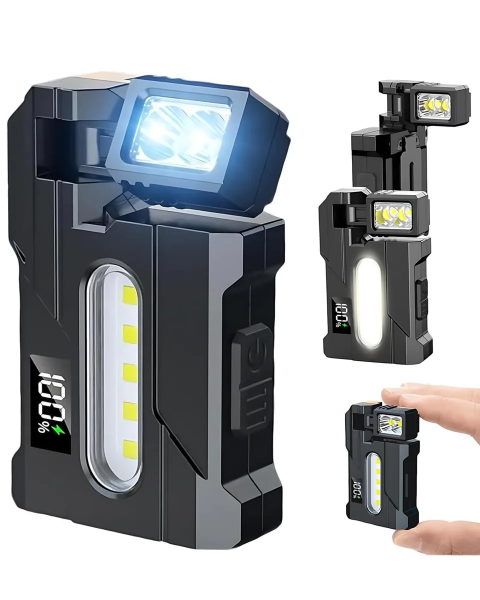 Small flat rectangular flashlight with rotatable head magnetic base and pocket clip