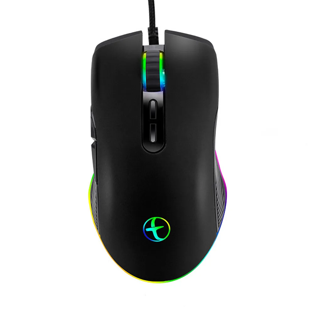 Black right-handed wired gaming mouse with USB-C connector, matte finish, six buttons and RGB side lighting