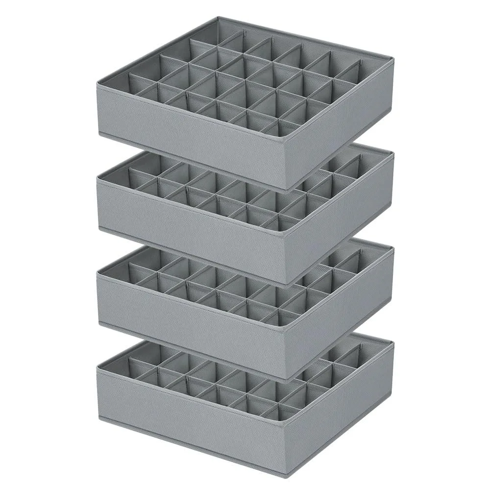 Grey foldable fabric drawer organiser with zippered edges and 24 square cells