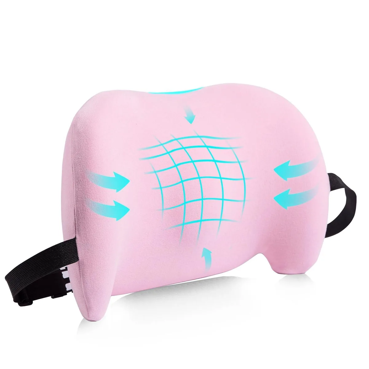 Pink memory-foam lumbar cushion with cotton mesh cover and adjustable elastic straps