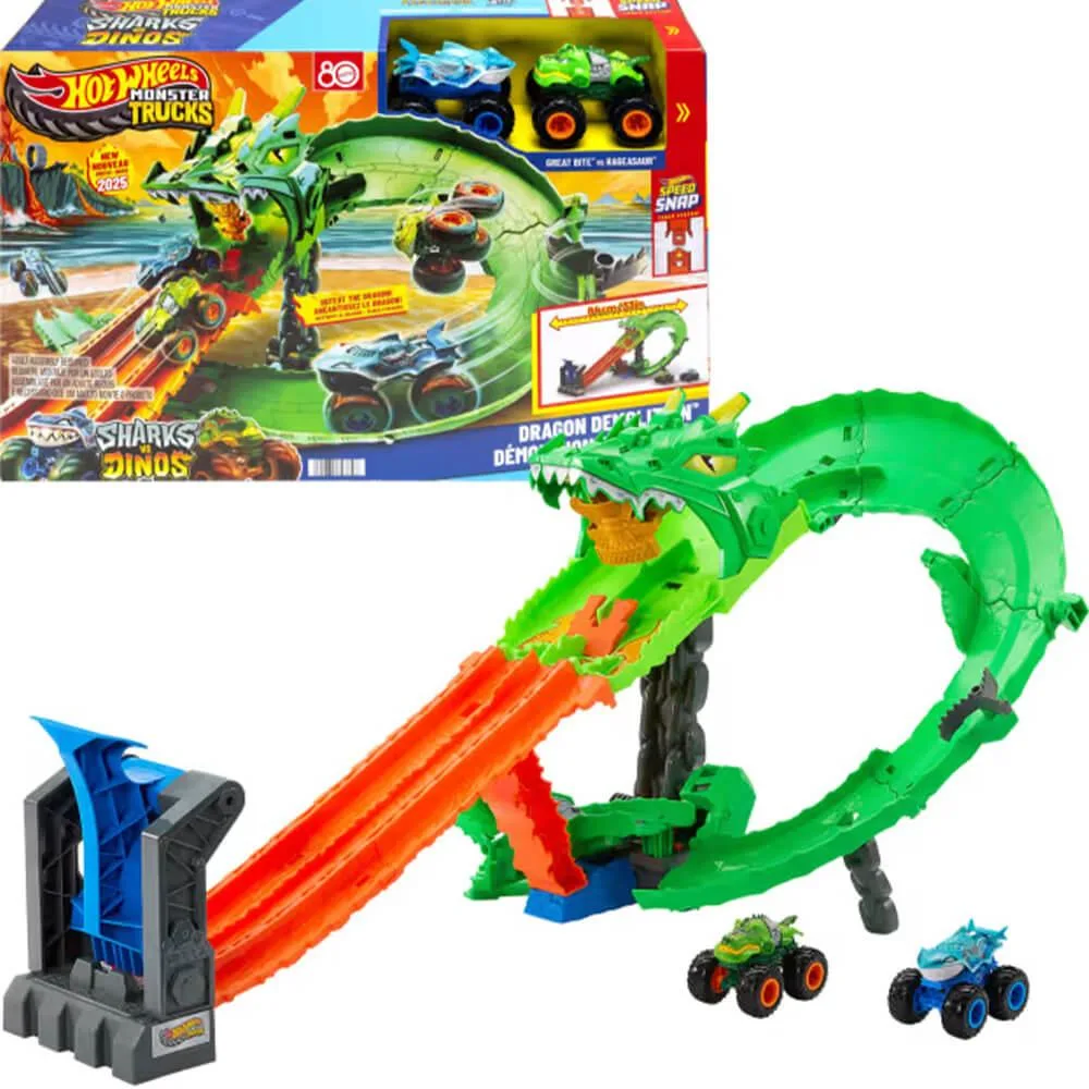 Mattel Mattel Hot Wheels Monster Trucks Sharks vs Dinos Dragon Destruction Playset 1:64 scale — product photo
