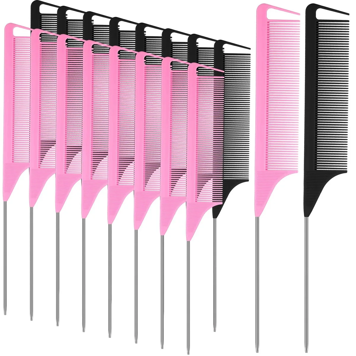 Eighteen black and pink rat-tail combs with fine teeth and long metal handles