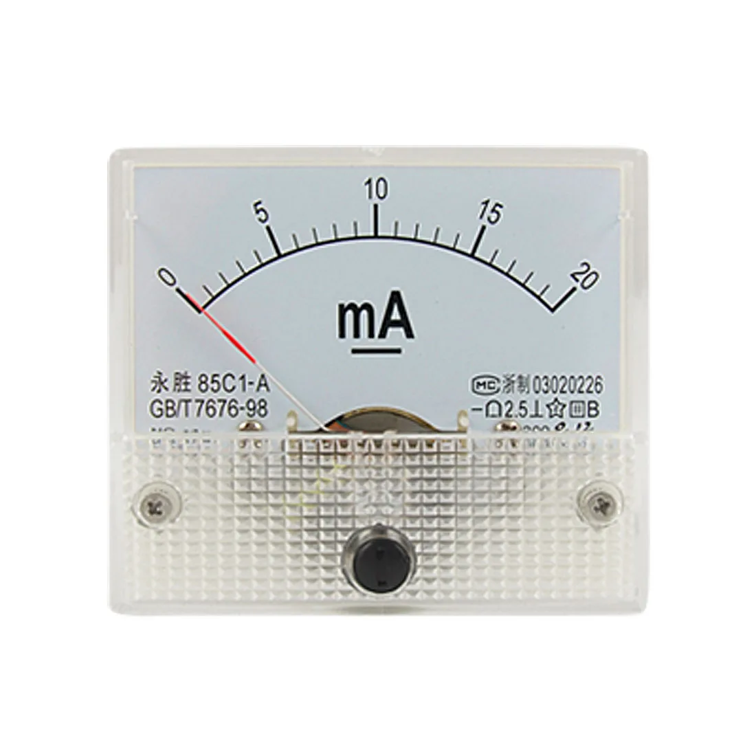 Square transparent plastic panel meter with white dial and black needle, approximately 63 by 56 by 55 millimetres