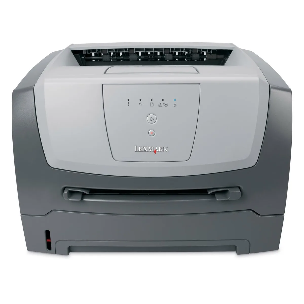 White rectangular desktop laser printer with paper tray and output bin