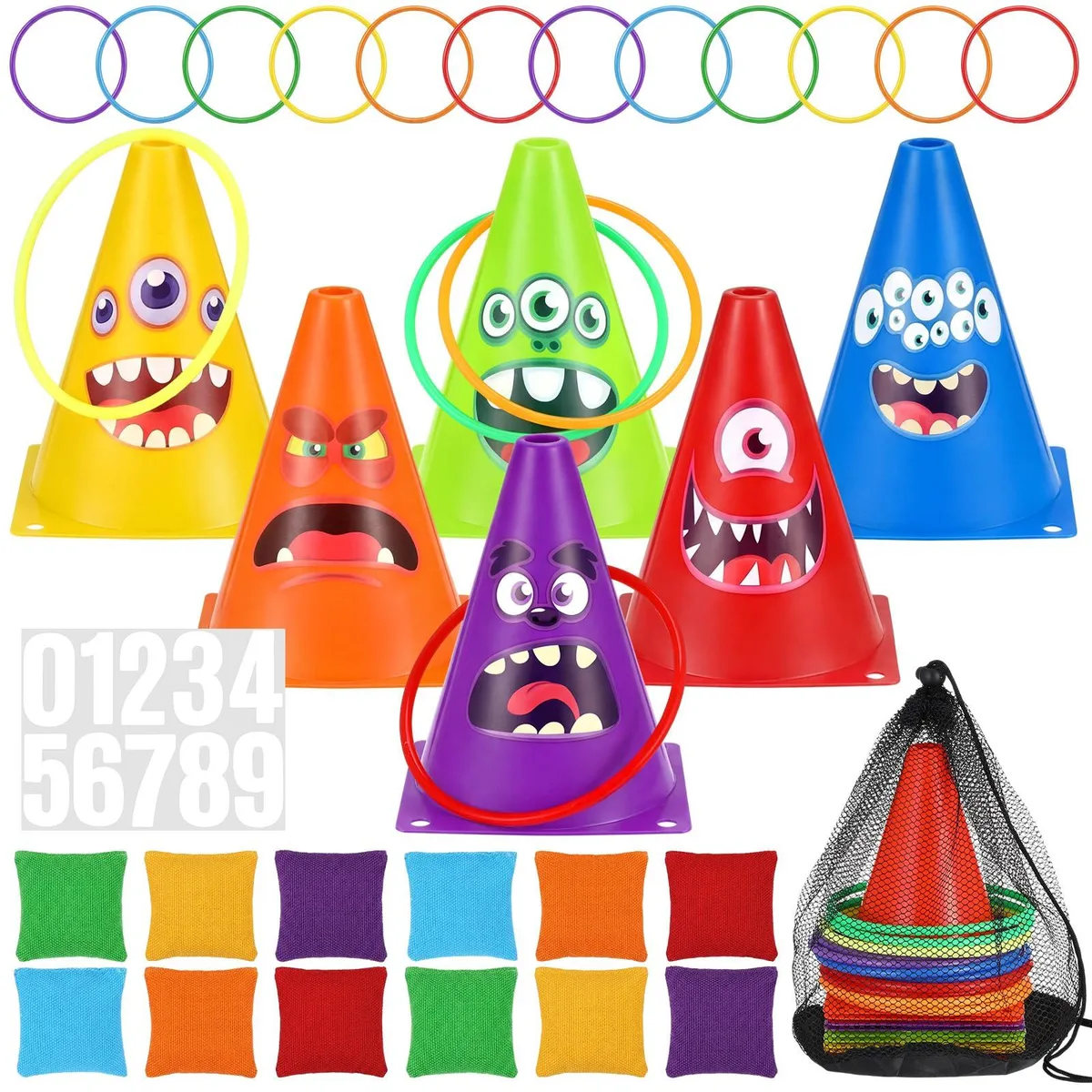  Worry Free Gadgets QIR4222 3 in 1 Ring Toss Game Set 12 Cones 12 Rings 12 Bean Bags 24 Decals — product photo