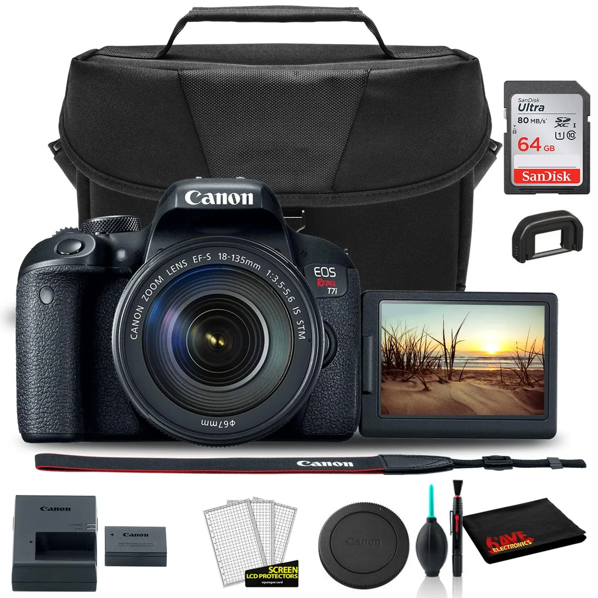 Canon Canon EOS Rebel T7i 18-135mm Kit with EOS Bag Sandisk Ultra 64GB Card Clean and Care Kit — product photo