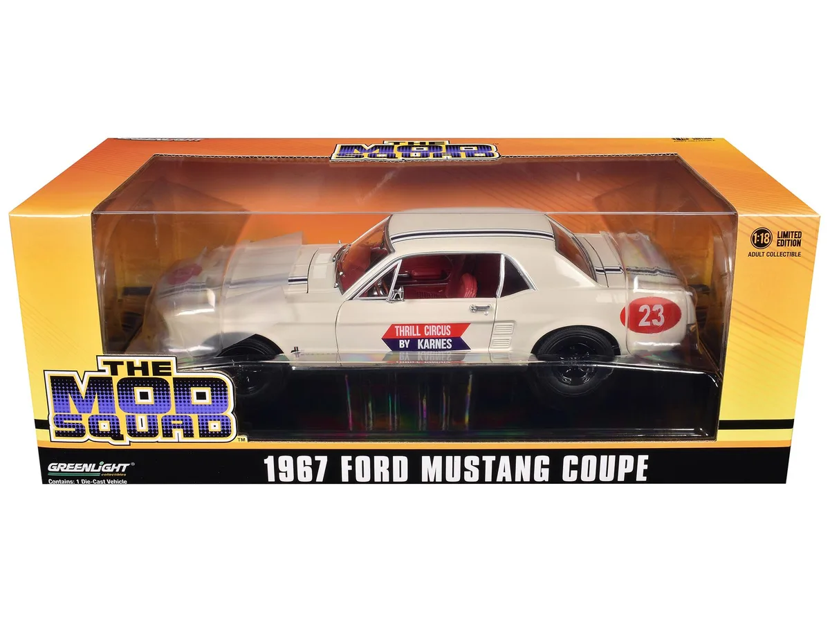 GREENLIGHT GREENLIGHT 1967 Ford Mustang Coupe #23 Thrill Circus By Karnes White 1/18 Diecast Model Car — product photo
