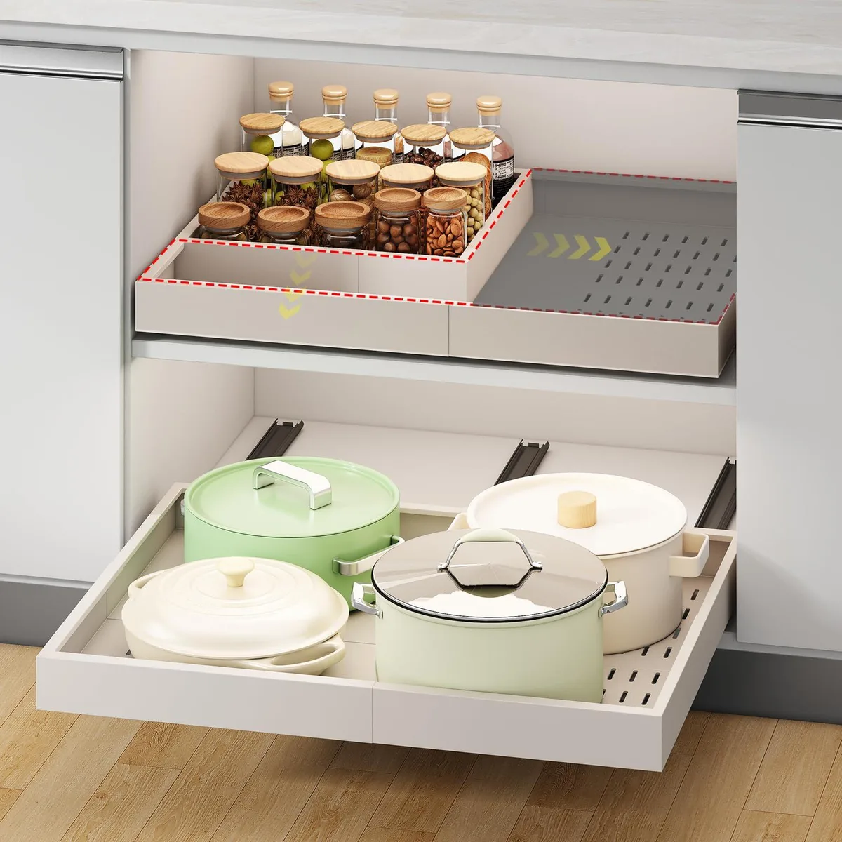 White expandable plastic cabinet organizer with three slide-out rails, adhesive mount