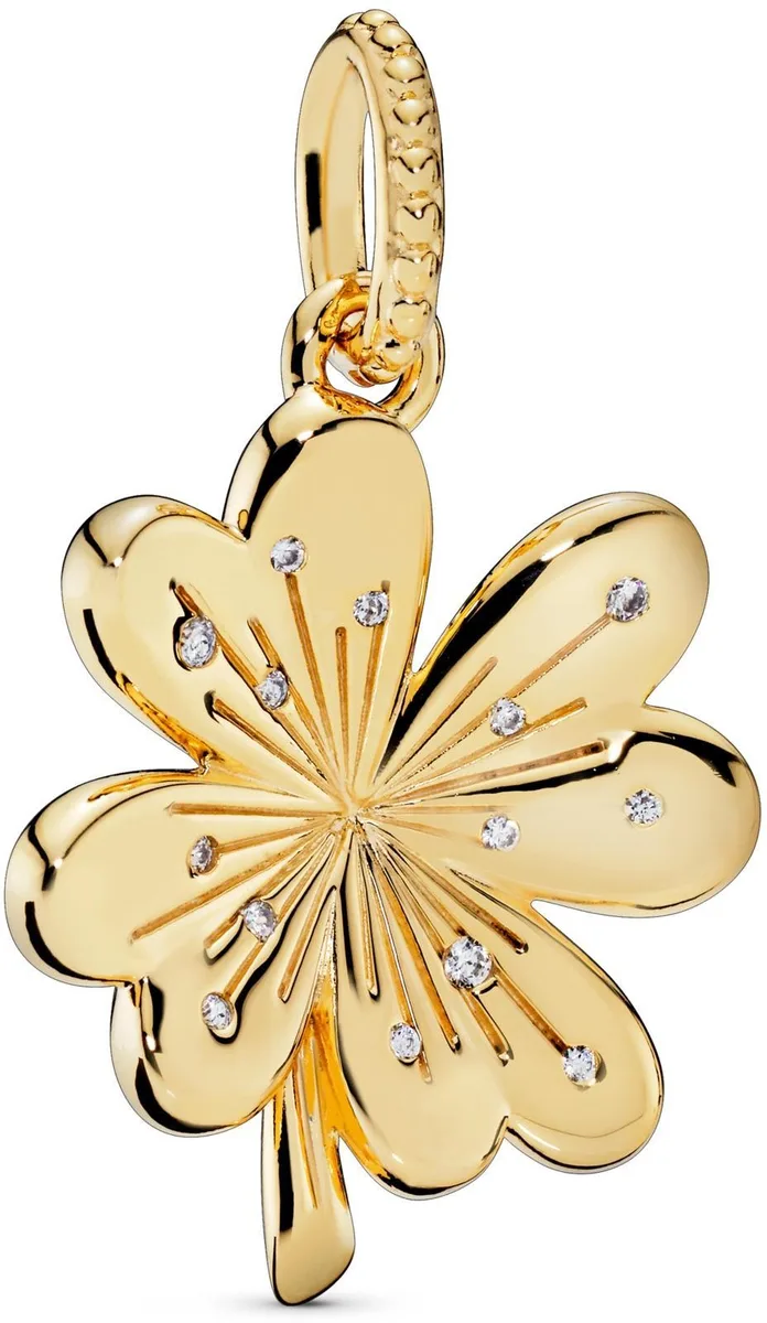 Small four-leaf clover pendant in silver with gold-plated heart stem and sparkling stones