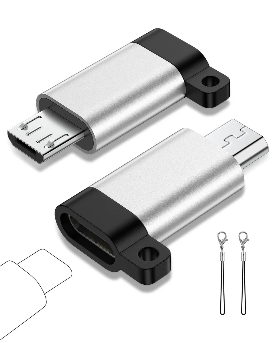 Two silver Micro USB to USB-C adapters with lanyards