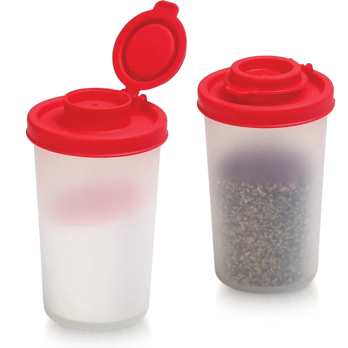 Two clear plastic shakers with red lids, 4.75 oz each