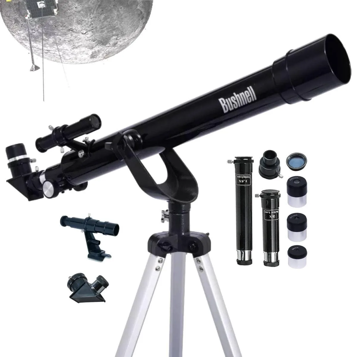 Black Bushnell refractor telescope on tripod, 50 mm objective lens, 600 mm focal length