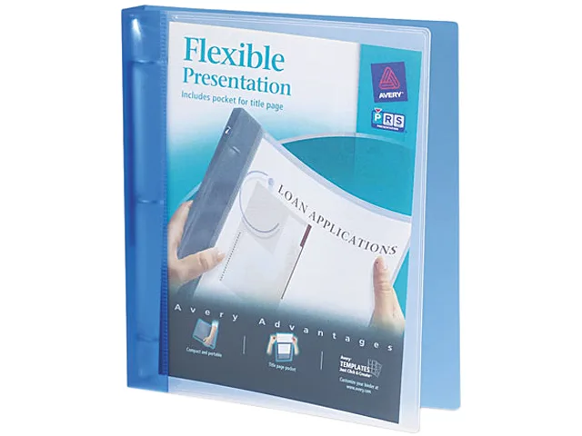 Blue flexible round ring presentation binder with clear front pocket and translucent spine