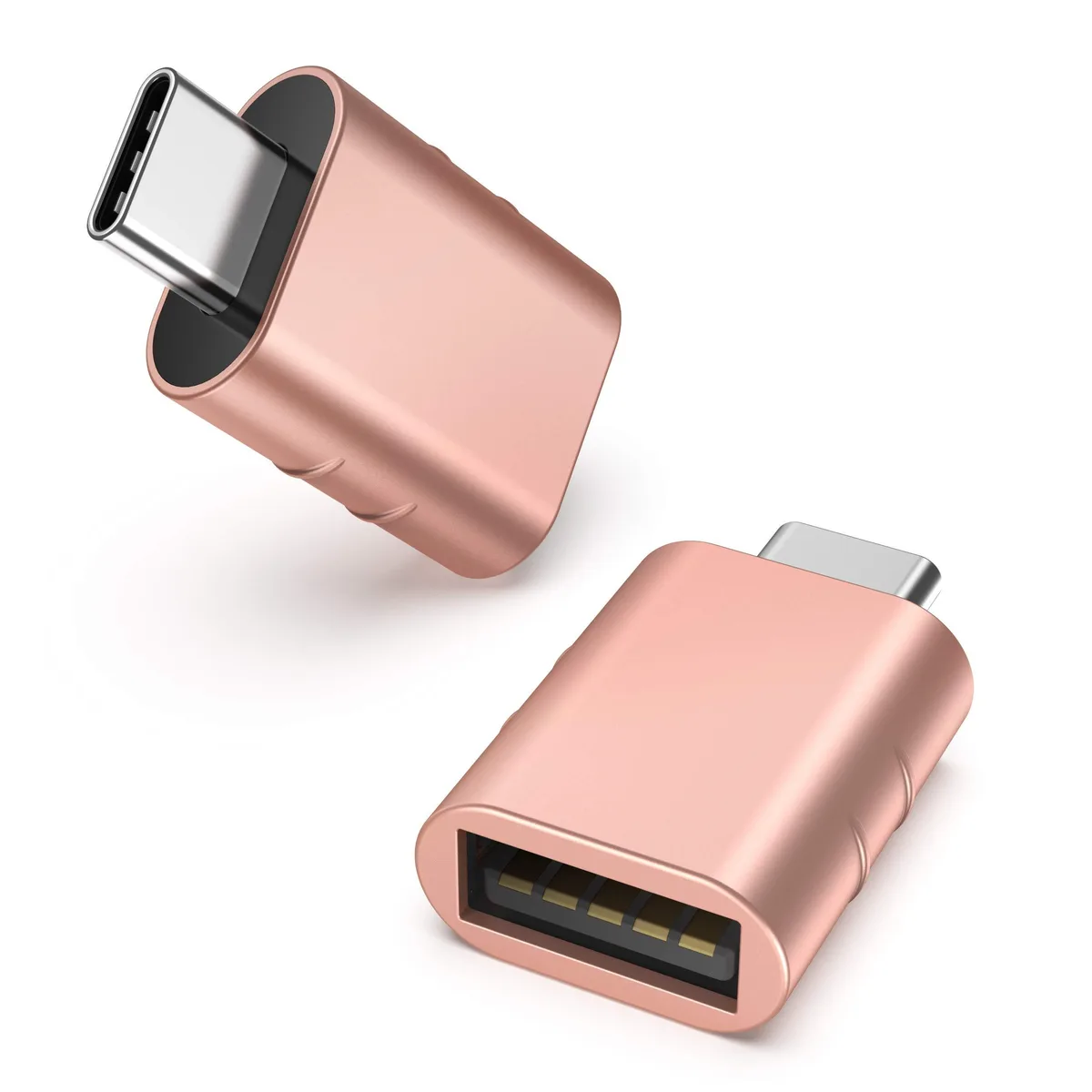 Two small rose-gold USB-C to USB-A adapters with zinc alloy finish