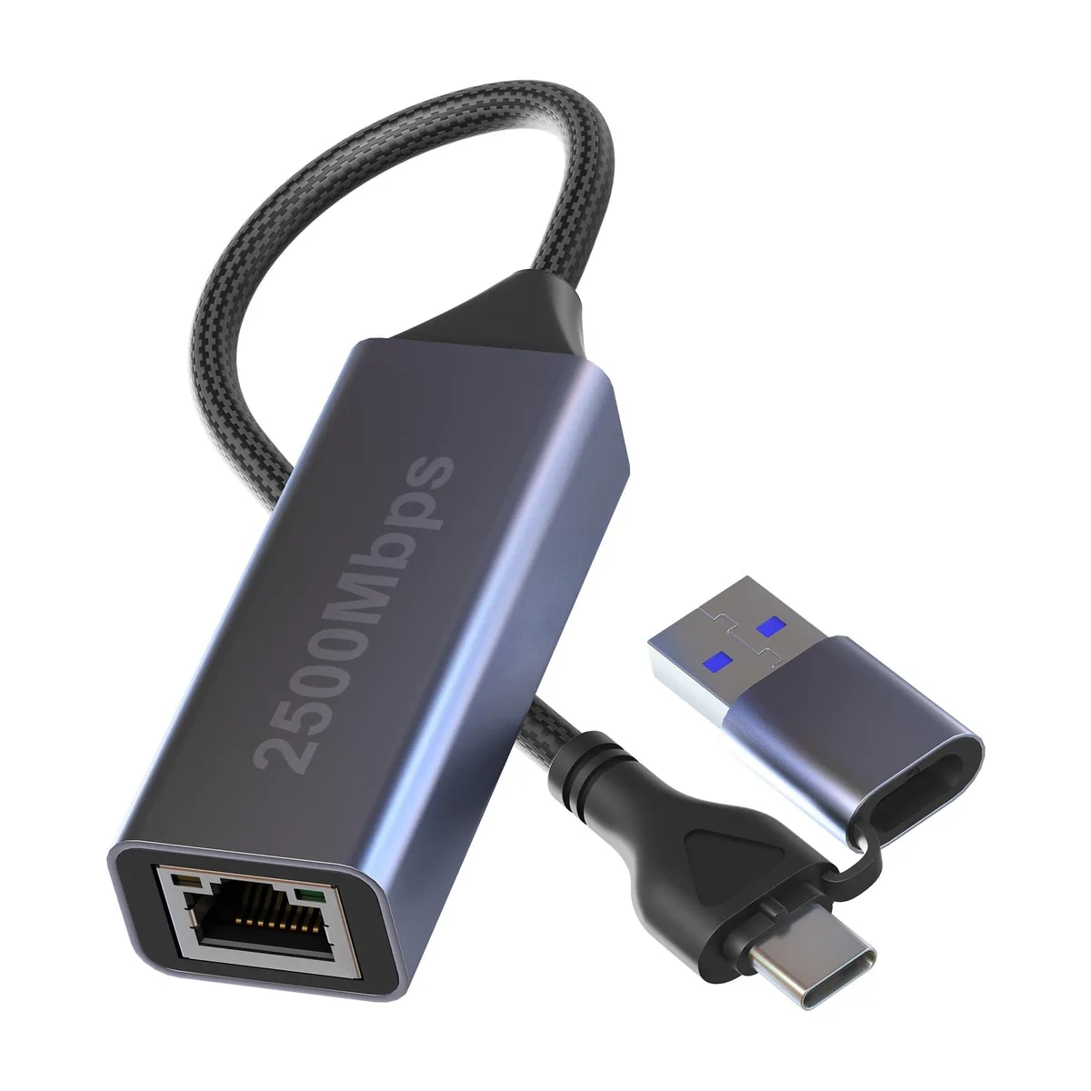 Small black aluminium dongle with USB-C plug, USB-A port and RJ45 jack