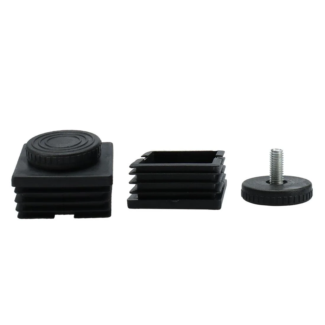 Four square tube inserts with adjustable threaded feet, black plastic bases, silver metal stems