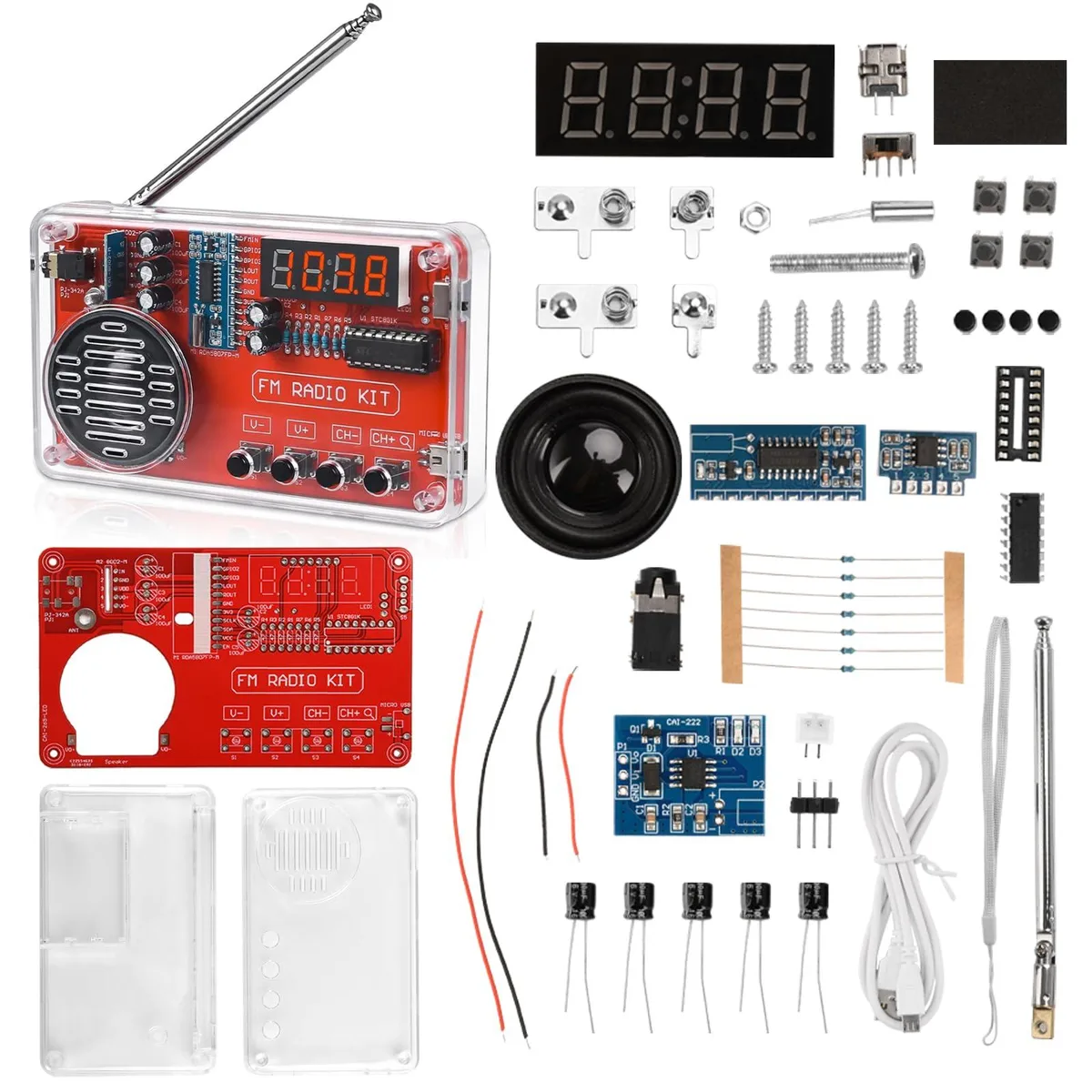 Transparent plastic case FM radio kit with digital display, PCB, speaker and battery compartment