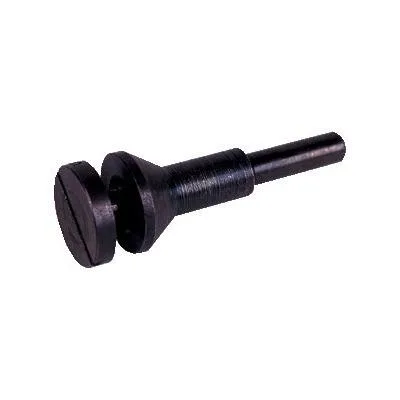Silver metal mandrel with 1/4 inch straight shank and 3/8 inch unthreaded hole for 2 to 3 inch cut-off wheels