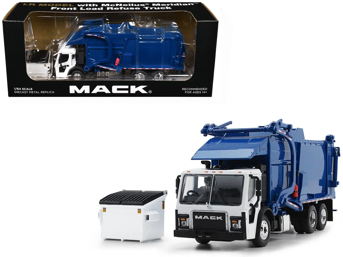 First Gear First Gear Mack LR Refuse Truck McNeilus Meridian Front Loader White Blue 1/64 Diecast — product photo