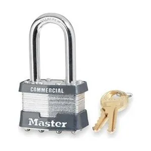 Silver steel rectangular padlock with long shackle and key