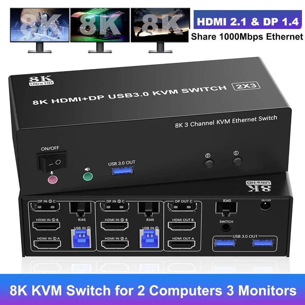 Hitoor Hitoor DKM203B-02-USB3.0-RJ45-H KVM Switch 2 PC 3 Monitor 8K 60Hz 4K 144Hz — product photo