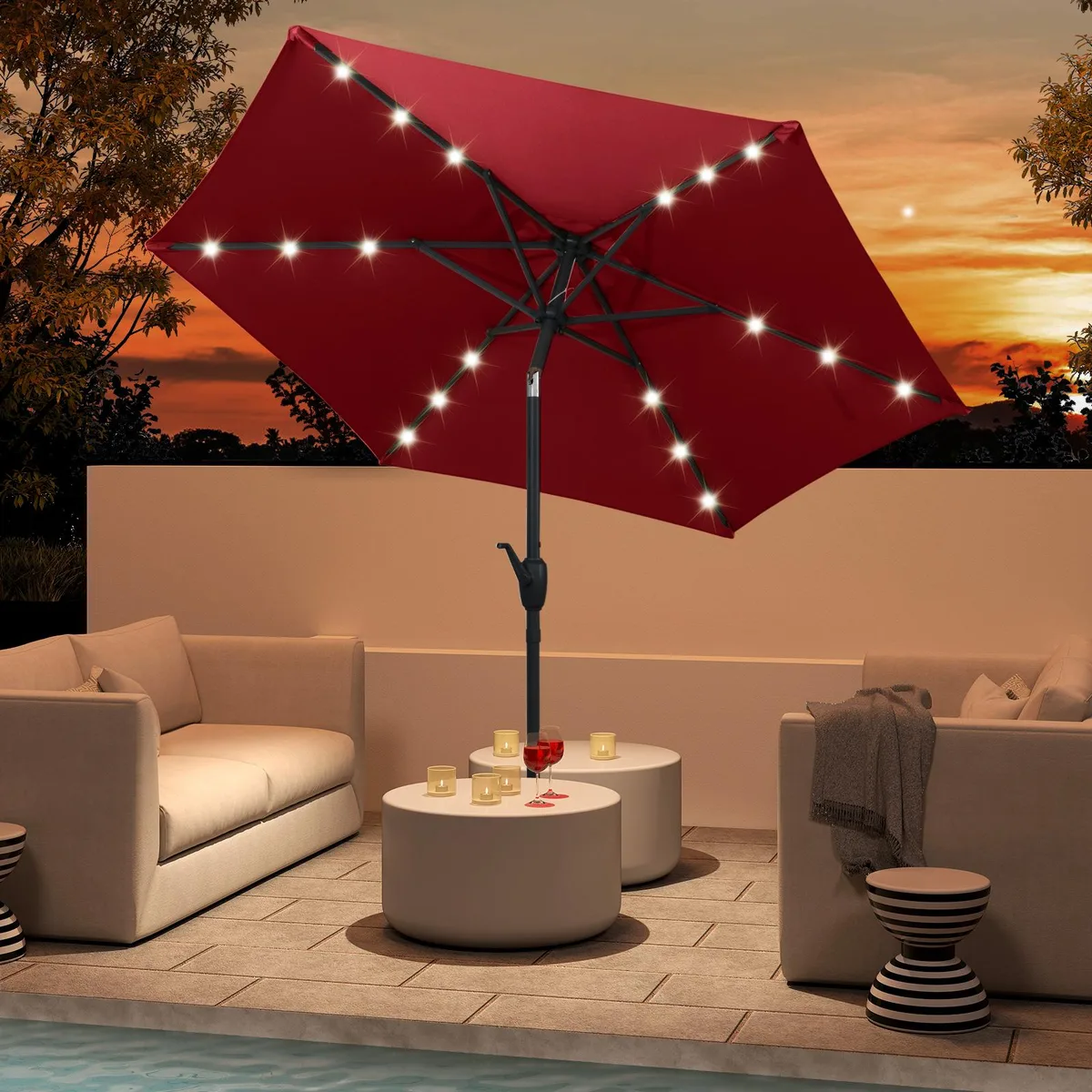 Burgundy 7.5 ft solar patio umbrella with LED lights and crank handle
