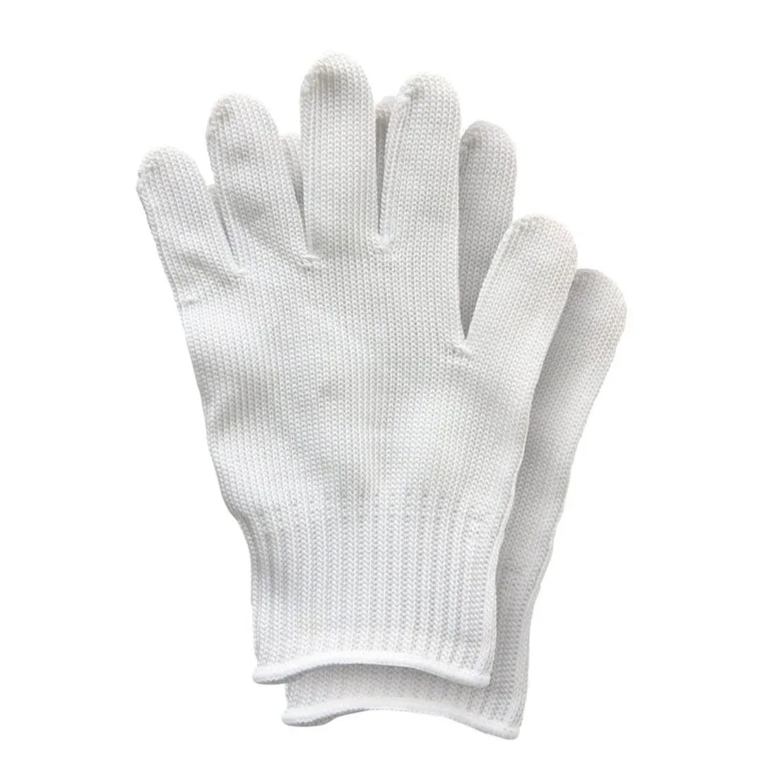 White cut-resistant gloves with stainless steel fibers woven into nylon, one size fits most adults