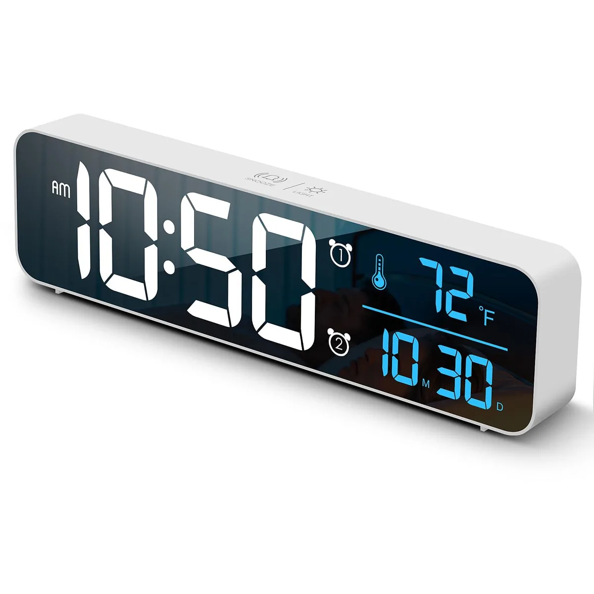 White rectangular digital clock with blue LED digits, 10.4 inches wide, desk or wall mount