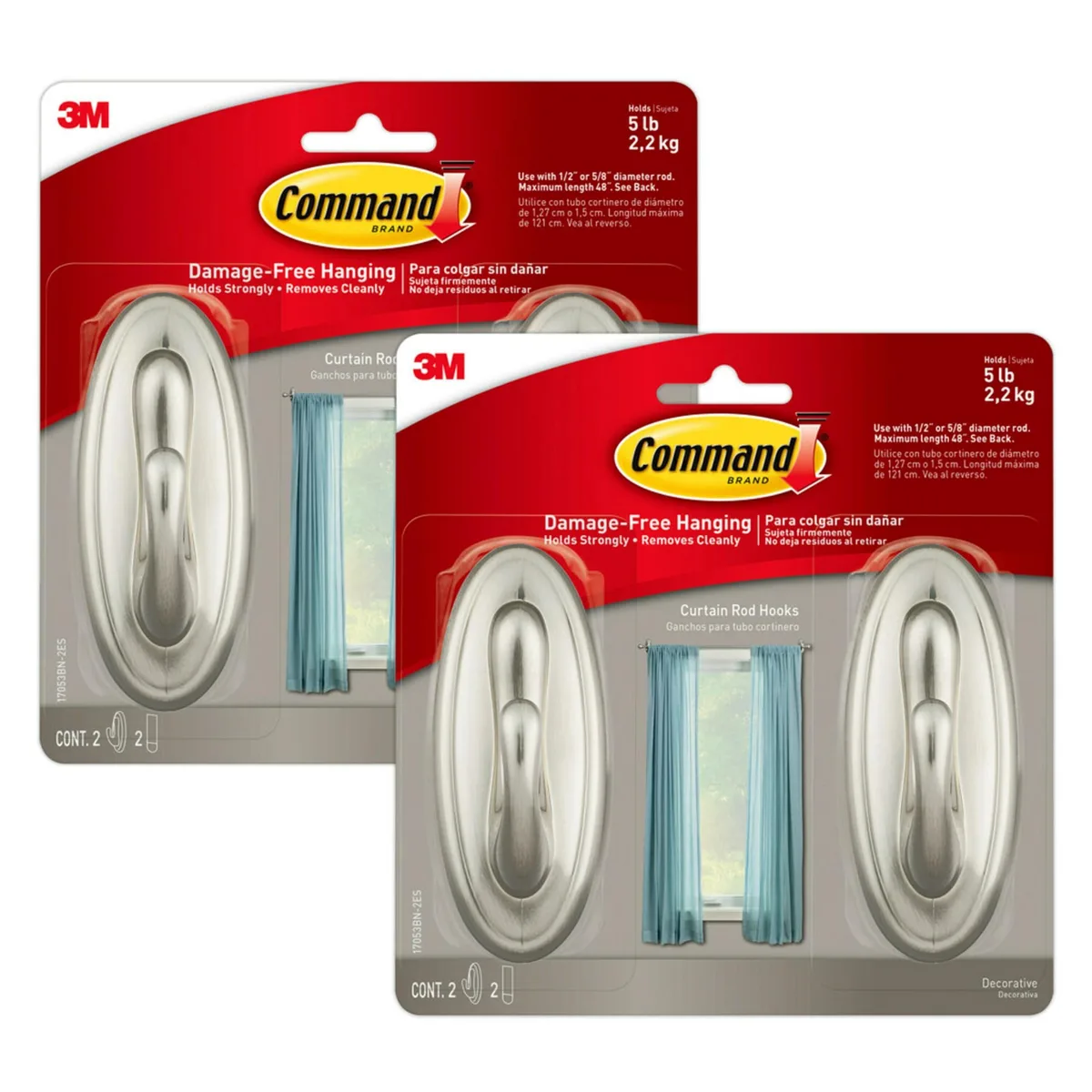 Four brushed nickel hooks with adhesive strips, traditional curved shape
