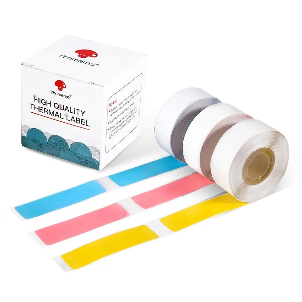 Three rolls of small rectangular thermal labels in blue pink and yellow