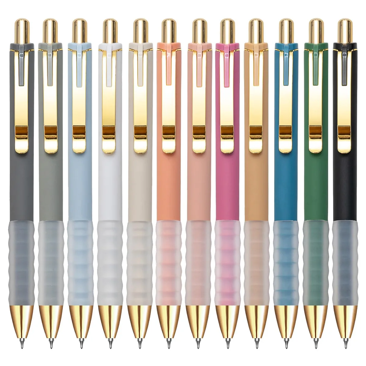 Twelve black retractable gel pens with soft grips in plastic packaging