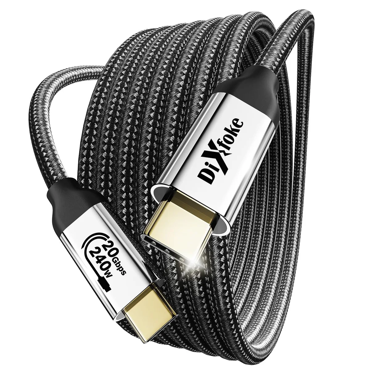 Silver USB-C to USB-C cable, 3.3 ft long, male connectors both ends