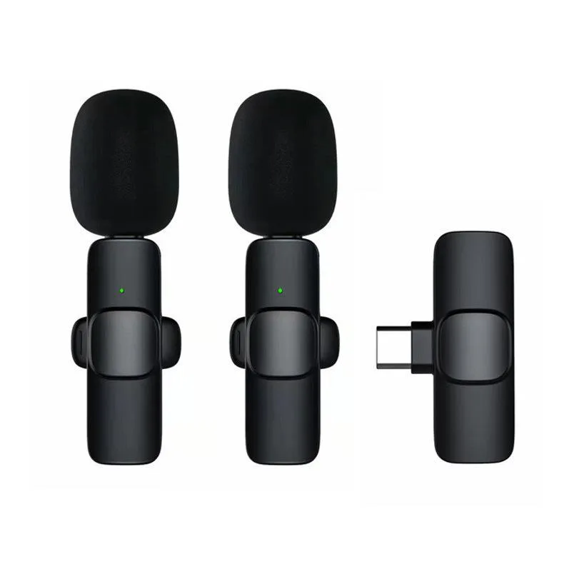 Small black clip-on wireless microphone with Lightning receiver and foam windscreen