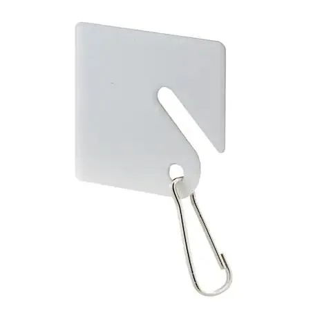 Package of twenty white square plastic key tags with metal hooks for hanging in a key box