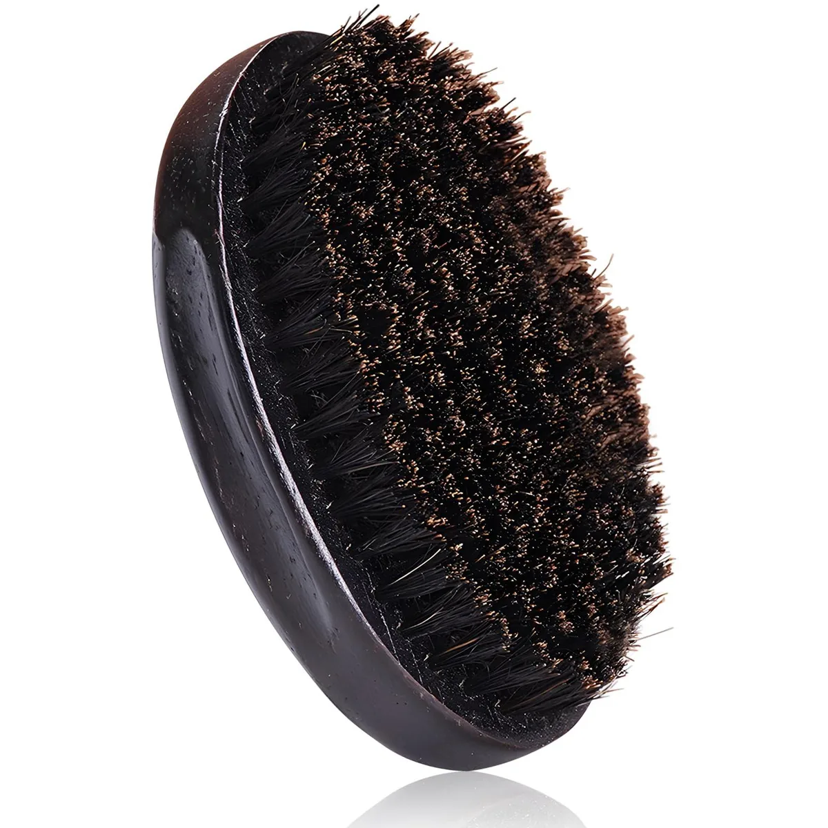 Pocket-size black wooden beard brush with natural boar bristles