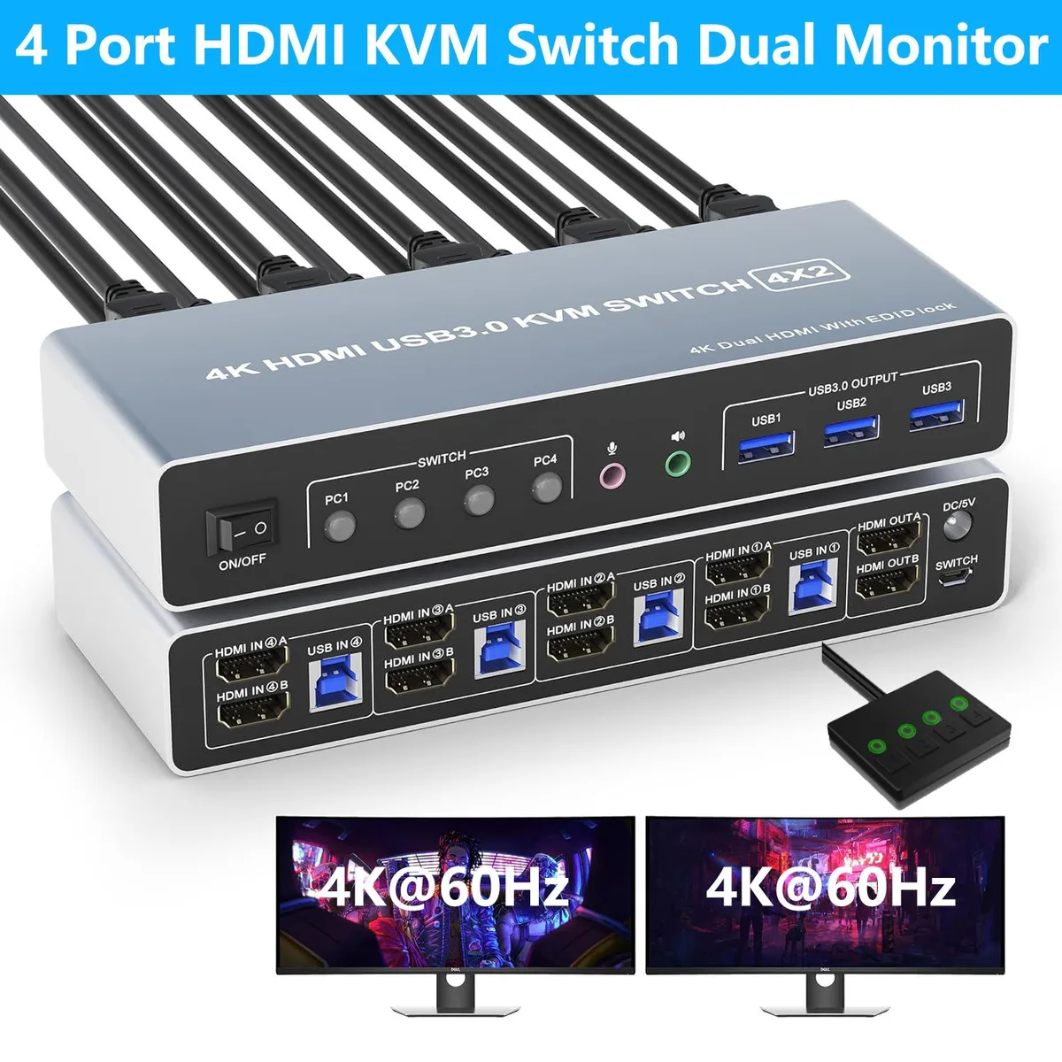 Hitoor Hitoor 4-Port 2-Monitor HDMI KVM Switch 4K@60Hz USB 3.0 — product photo