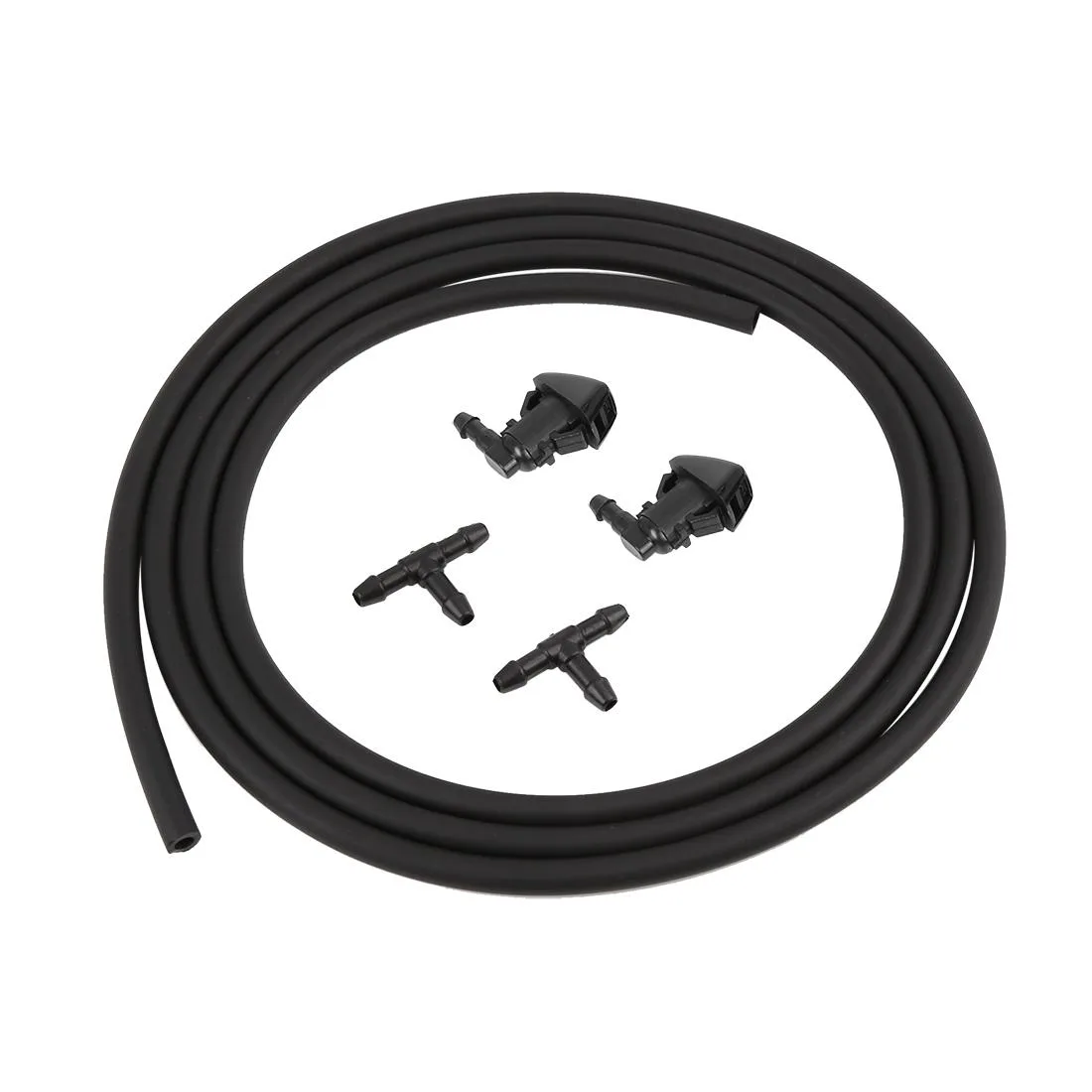 Black plastic windshield washer nozzle kit with hose and connectors